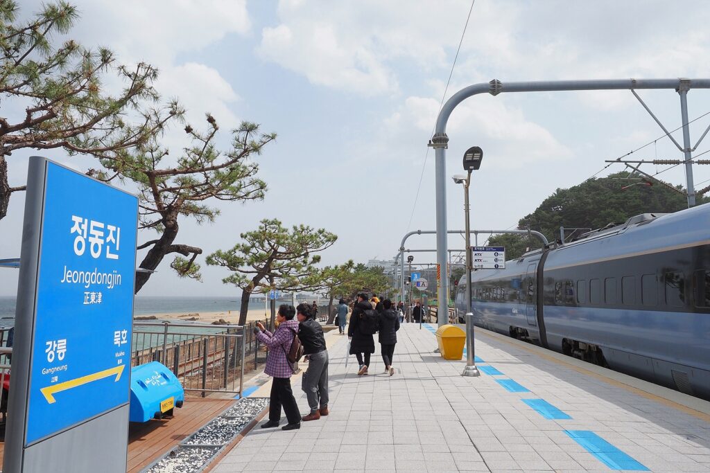 정동진역 플랫폼. 왼쪽에는 해변과 소나무가, 오른쪽에는 KTX-이음 열차가 있다.