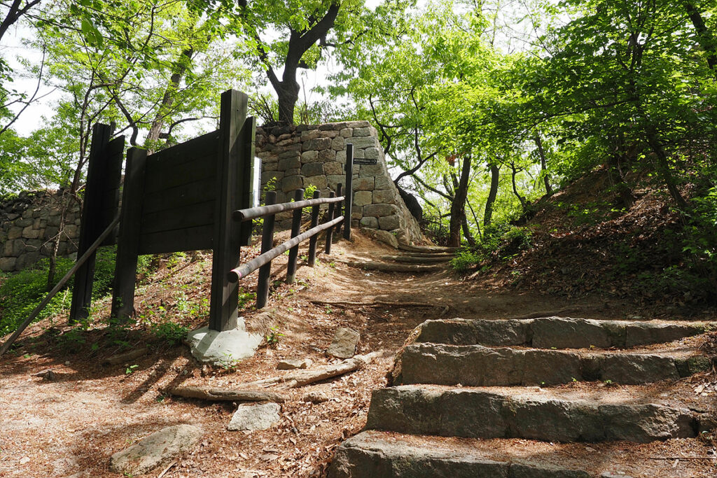 돌로 쌓은 성벽이 서 있다. 성벽은 가운데에서 잘려 있는 형태다. 그 위로 푸른 나뭇잎이 하늘을 가리고 있다.