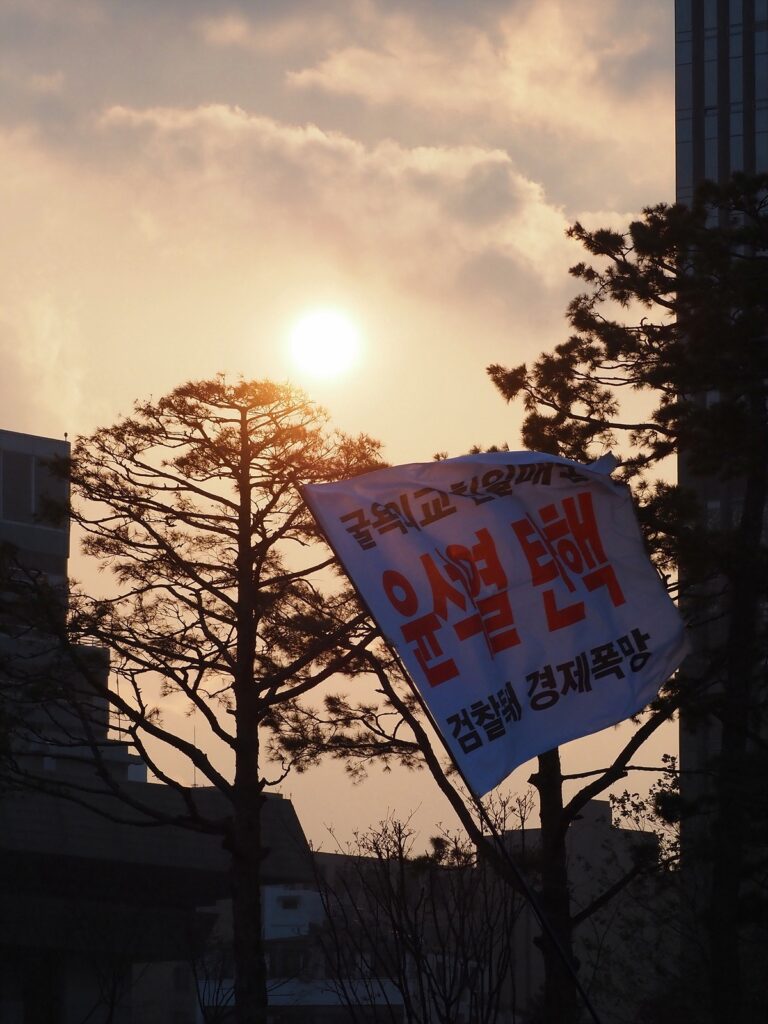 석양을 배경으로 "윤석열 탄핵"이라고 적힌 깃발이 나부낀다.