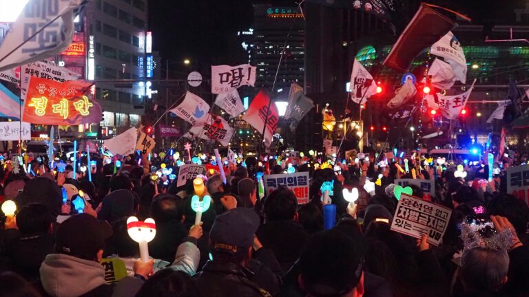 수많은 시민들이 응원봉을 들고 집회 중인 가운데, 형형색색의 깃발들이 휘날린다. 빛나는 "정대만" 깃발이 눈에 띈다.